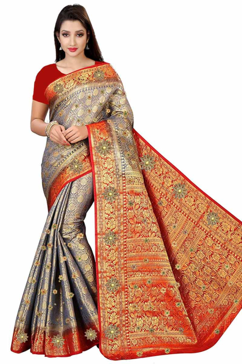 Soft Silk Grey Party Wear Saree