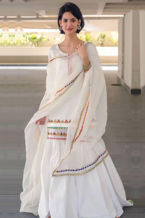 Soft Silk Wedding Indian Sharara Salwar Suit In White Colour