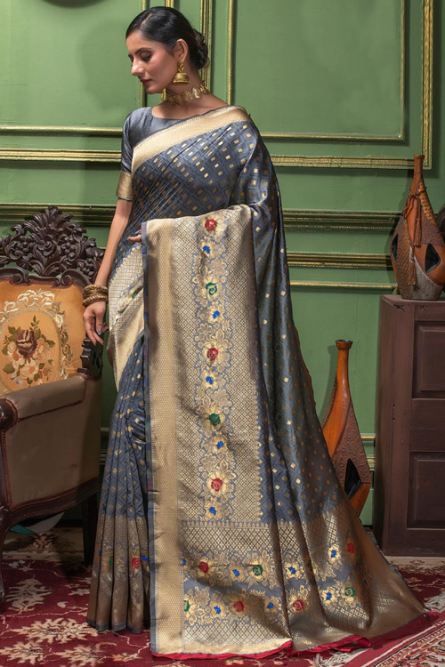 Steel Grey Banarasi Silk Wedding Wear Saree