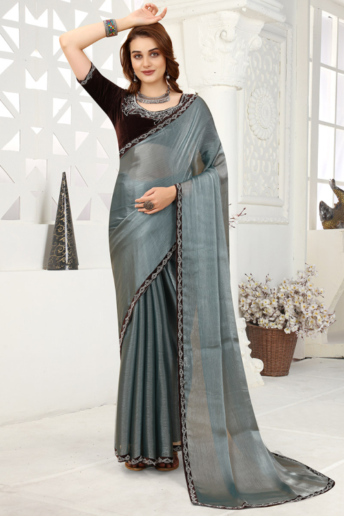 Steel Grey Chiffon Embroidered Saree