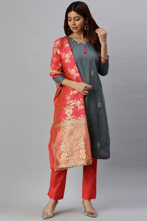 Steel Grey Cotton Straight Cut Trouser Suit