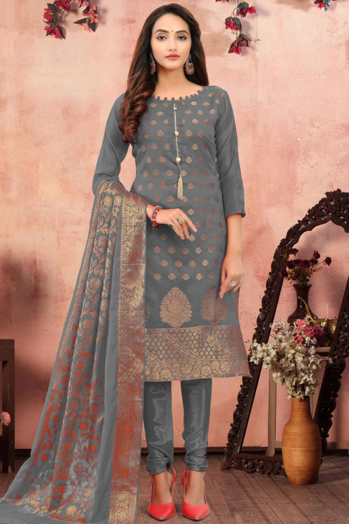 Steel Grey Jacquard Embroidered Indian Churidar Suit