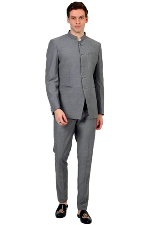 Steel Grey Polyester Plain Jodhpuri Style Men's Coat Pant