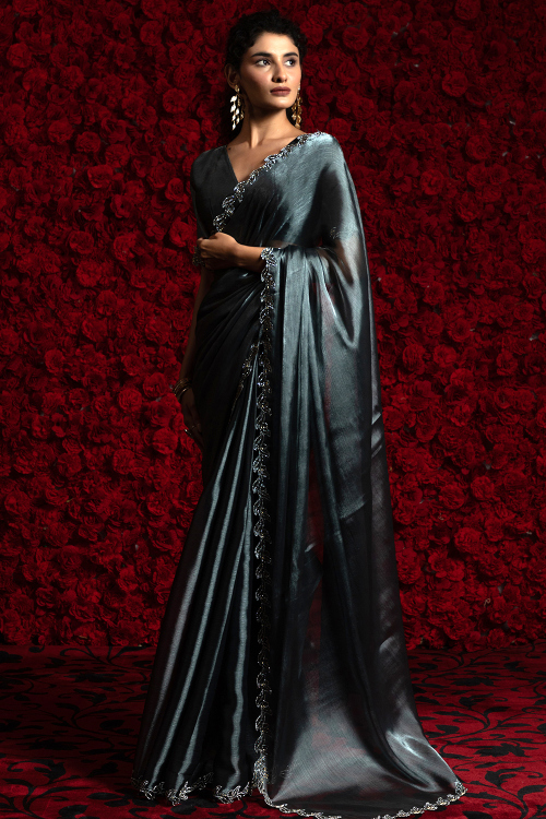 Steel Grey Tissue Cutdana Work Shimmer Saree