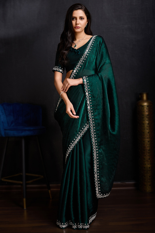 Stone Embellished Dark Teal Green Silk Light Weight Saree