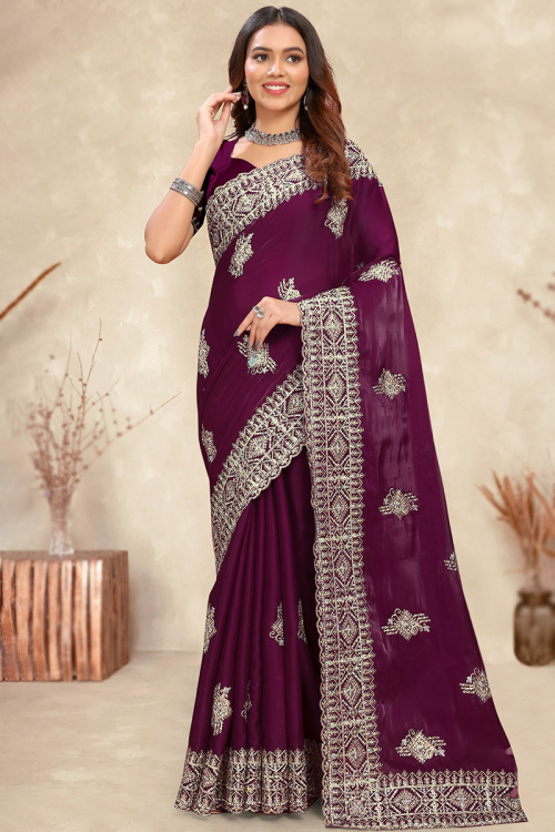 Stone Embellished Plum Purple Heavy Crepe Silk Saree