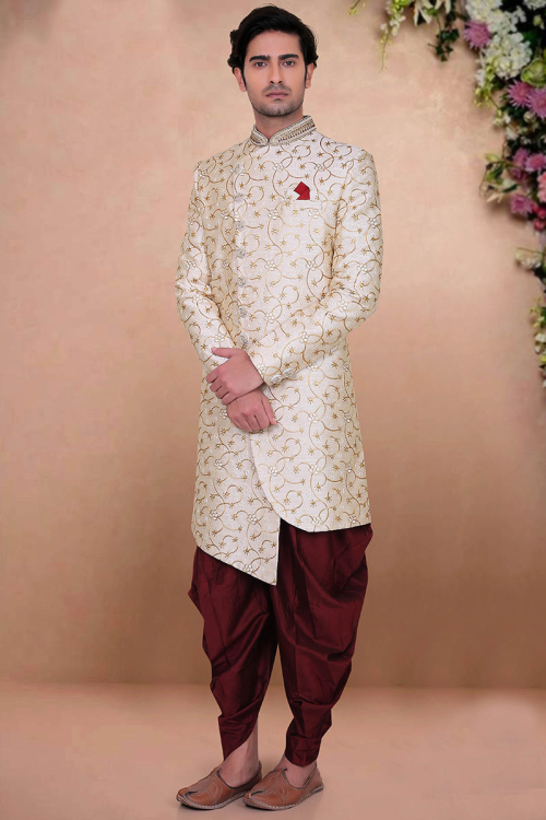 Stone, Resham And Zari Embroidered Silk Cream Men Sherwani