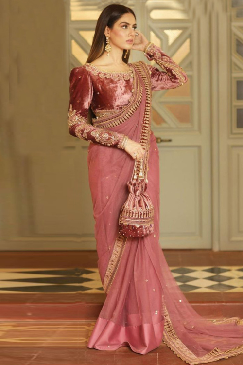 Party Wear Zari Embroidered Saree in Net Coral Pink