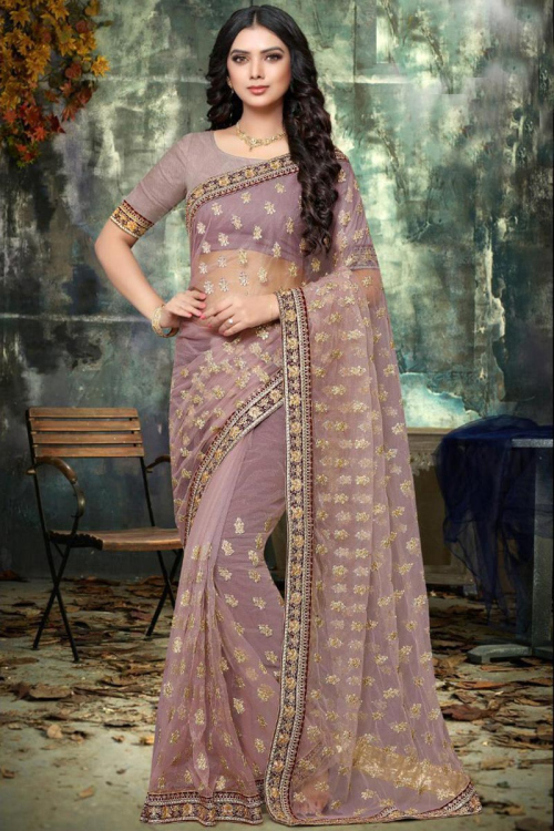 Embroidered Net Light Purple Saree