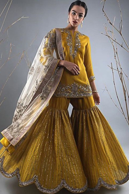Stone Work Embroidered Satin Mustard Yellow Sharara Suit
