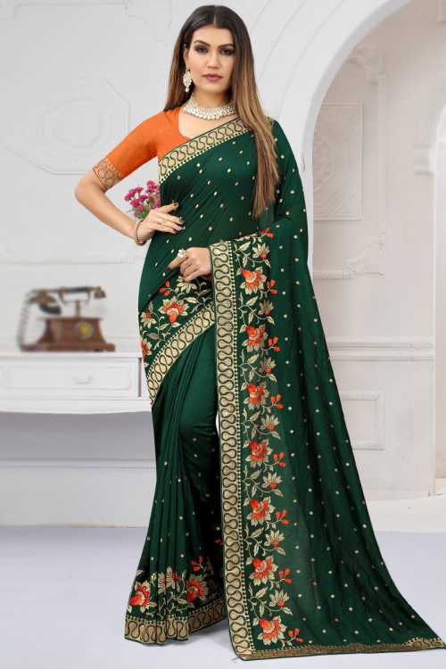 Dark Green Silk Woven Saree with Stone embroidery