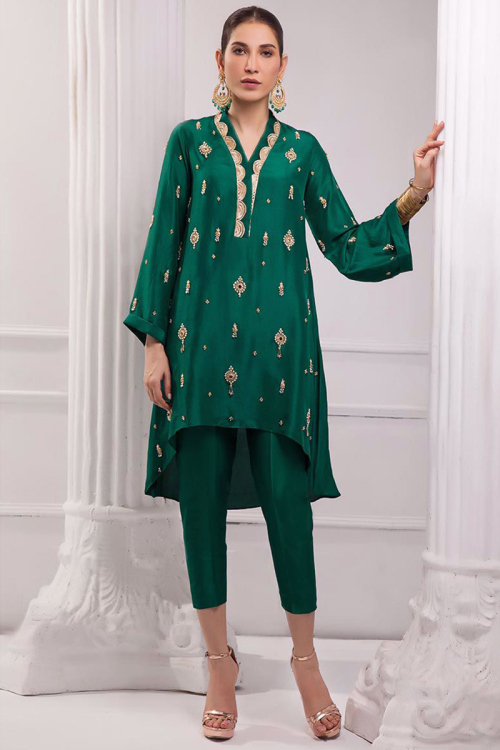 Stone Work Embroidered Silk Emerald Green Wedding Trouser Salwar Kameez