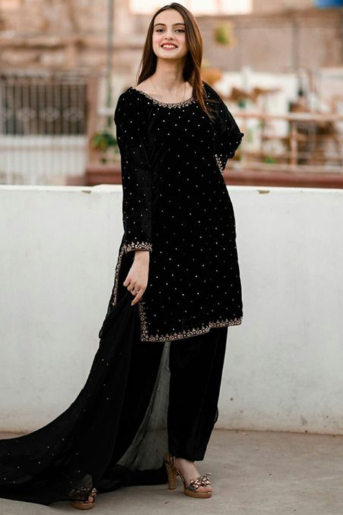 Stone Work Embroidered Velvet Black Pakistani Patiala Suit