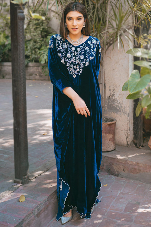 Stone Work Embroidered Velvet Dark Blue Gown