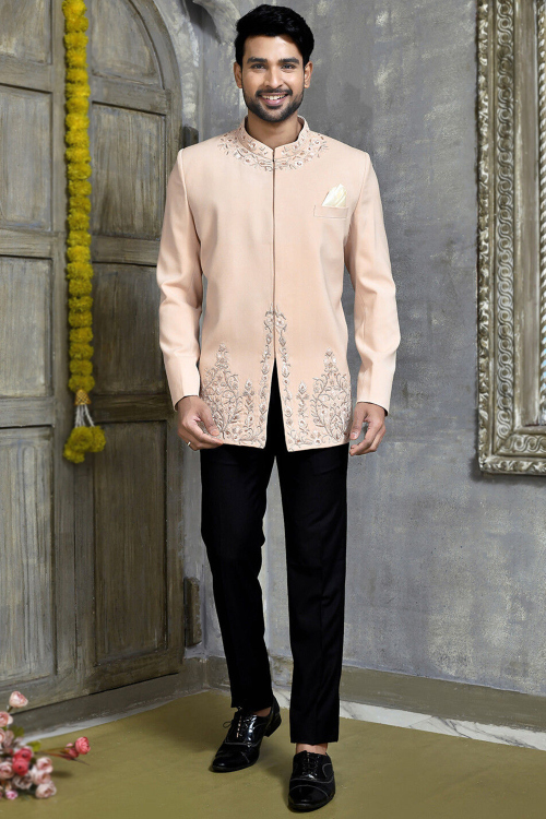Suede Peach Embroidered Jodhpuri Style Men's Coat Pant