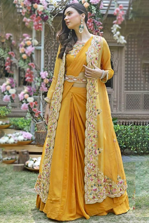 Mustard Yellow Crepe Saree with Embroidered Jacket for Wedding & Party