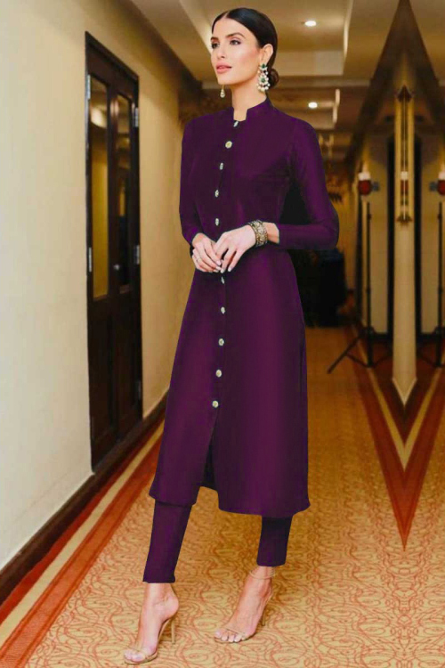 Taffeta Silk Cigarette Pant Suit In Plum Colour for Wedding & Party