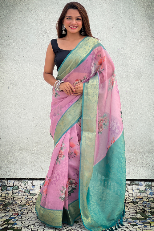Taffy Pink Tissue Printed Light Weight Saree