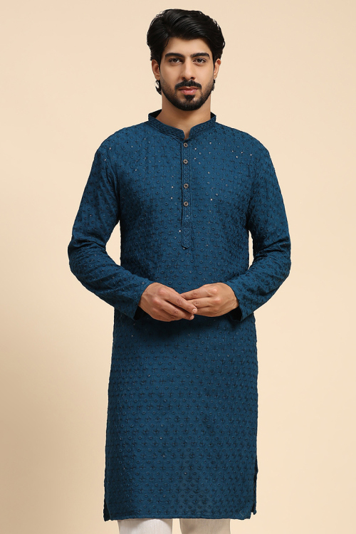 Teal Blue Chikankari Cotton Embroidered Men's Kurta For Sangeet 