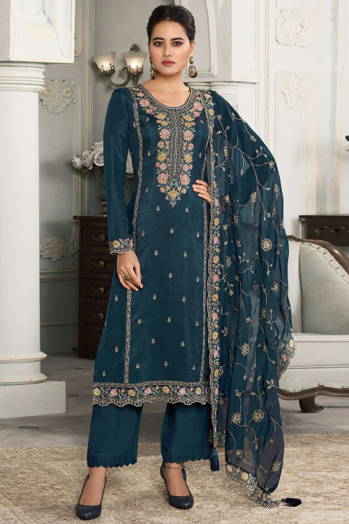 Teal Blue Chinnon Straight Pants Suit With Zari Work For Mehndi