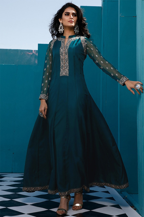 Teal Blue Crepe Pakistani Anarkali Style Suit With Zari Work
