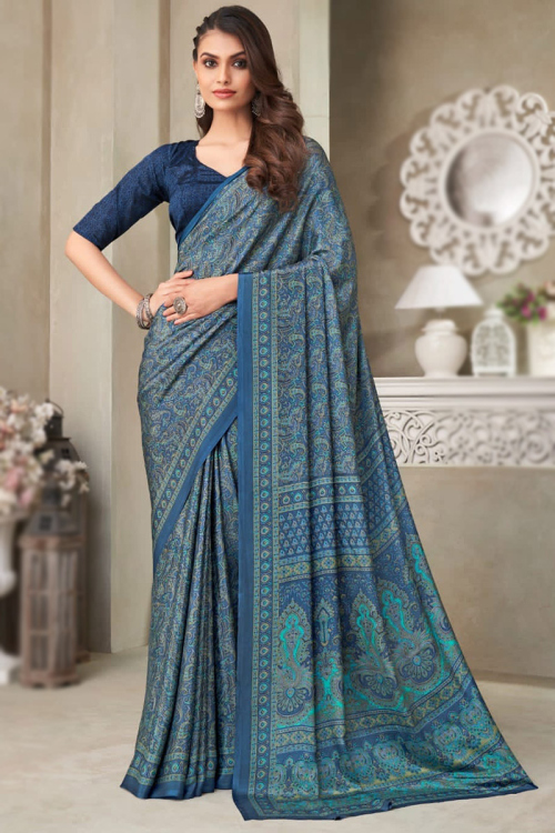 Teal Blue Woven Party Wear Saree in Crepe