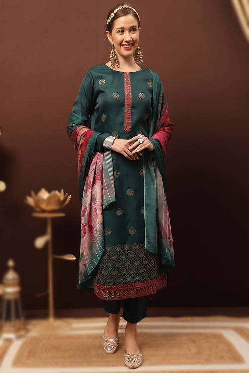 Teal Blue Embroidered Cotton Rayon Casual Wear Trouser Suit 