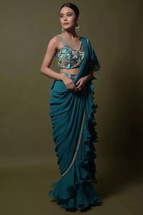 Teal Blue Georgette Embroidered Indo Western Saree