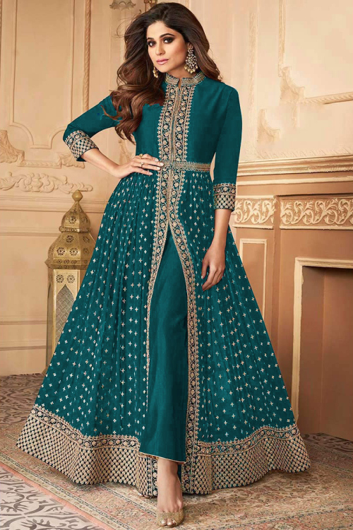 Peacock Blue Georgette Front Slit Wedding Anarkali Suit