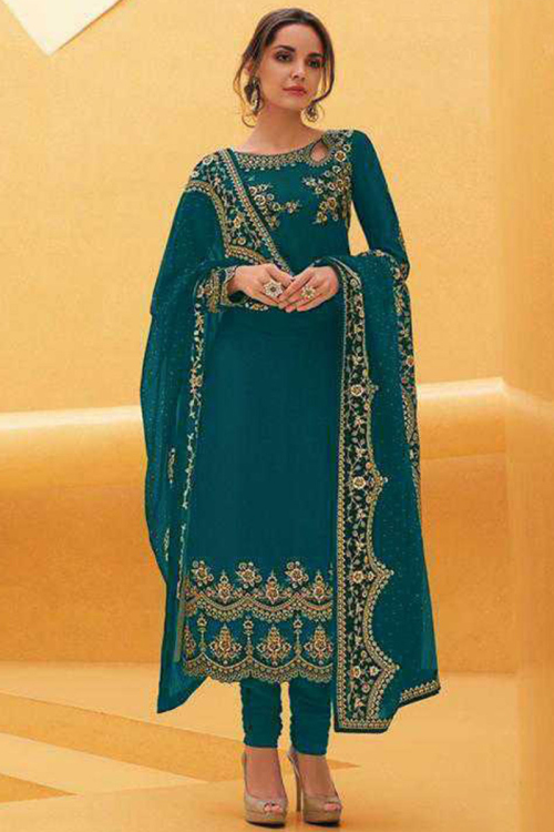 Teal Blue Georgette Wedding Straight Cut Churidar Salwar Suit