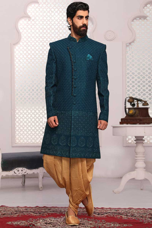 Teal Blue Georgette Thread And Stone Work Men Embroidered Sherwani With Dhoti