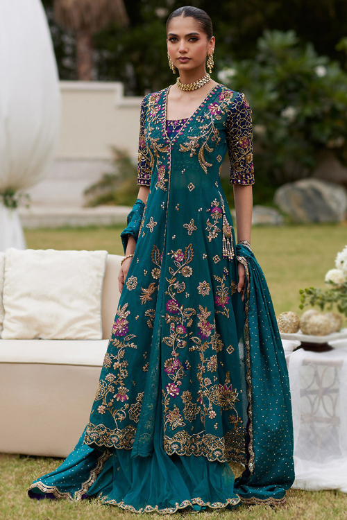 Teal Blue Net Wedding Wear Lehenga With Embroidered Jacket 