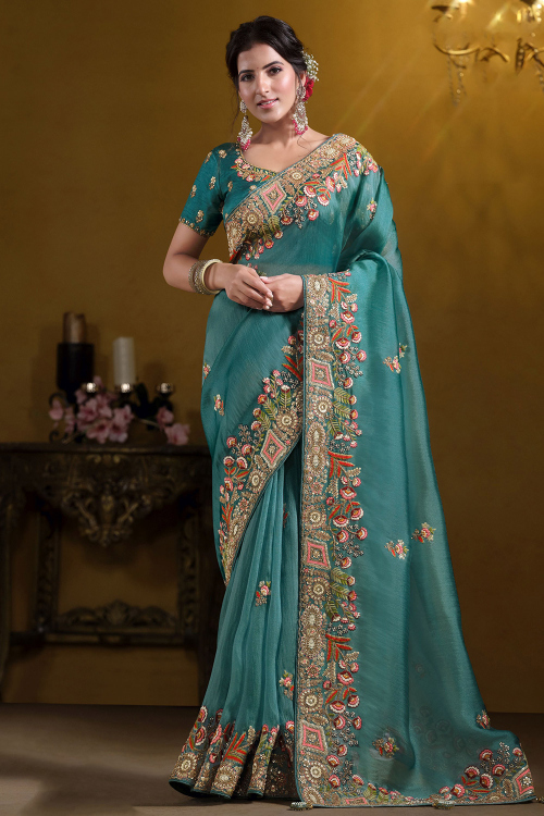 Teal Blue Light Weight Tissue Saree for Sangeet