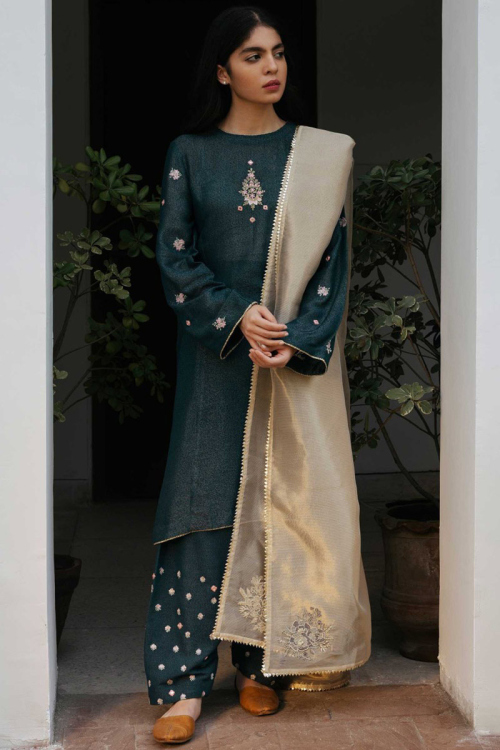 Teal Blue Silk Resham Work Embroidered Patiala Suit