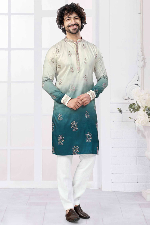 Teal Blue Straight Cut Silk Printed Men&#039;s Kurta Pajama