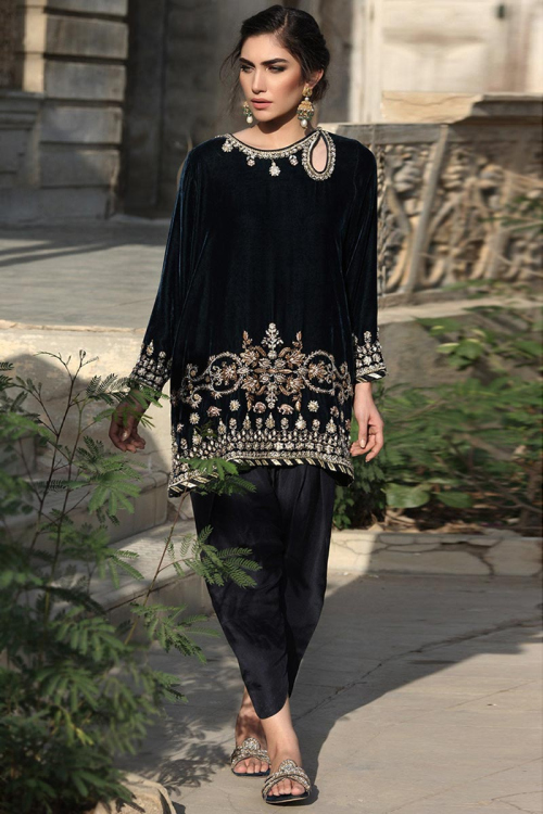 Teal Blue Velvet Embroidered Patiala Salwar Kameez