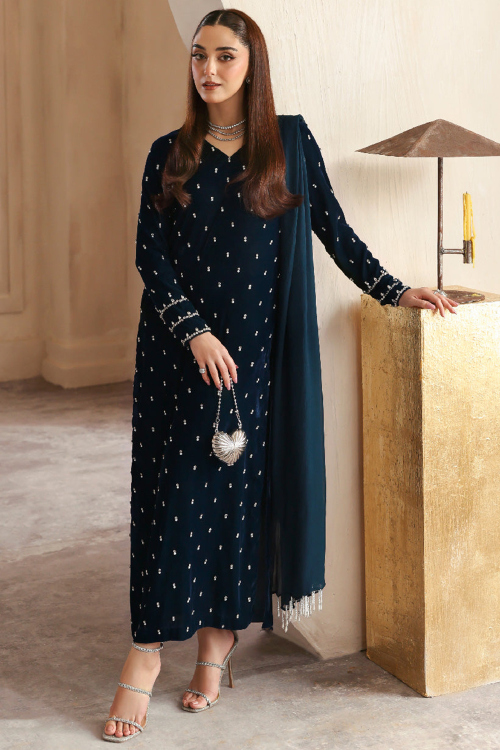 Teal Blue Velvet Trouser Suit with Pearl Work for Wedding