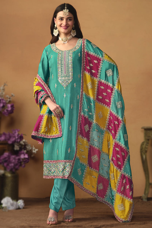 Teal Green Chinnon Straight Cut Embroidered Trouser Suit