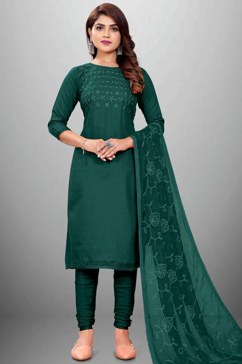 Teal Green Cotton Embroidered Straight Cut Suit