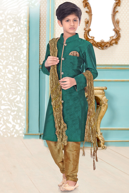 Teal Green Dupion Silk Achkan Men Sherwani