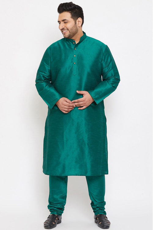 Teal Green Dupion Silk Plain Men's Kurta With Churidar