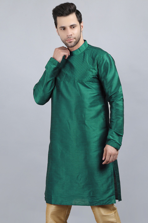 Teal Green Dupion Silk Plain Straight Cut Men's Kurta