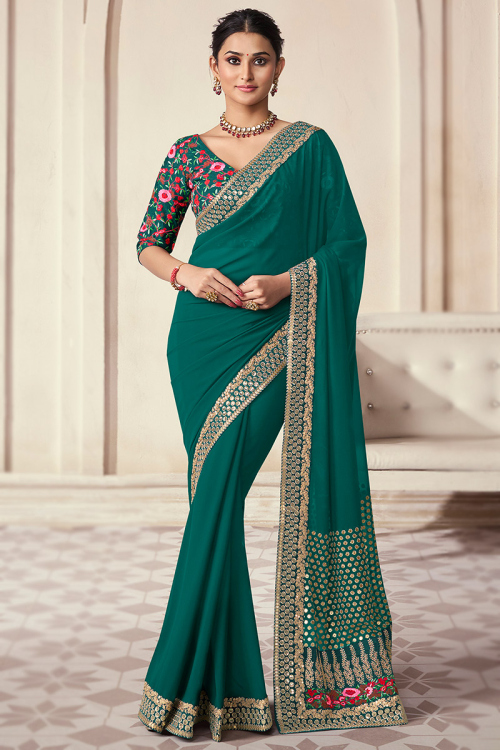 Teal Green Georgette Embroidered Saree With Floral Blouse