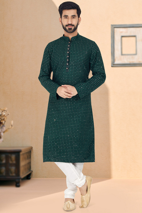 Georgette Teal Green Sequins Embroidered Sangeet Men Kurta Pajama