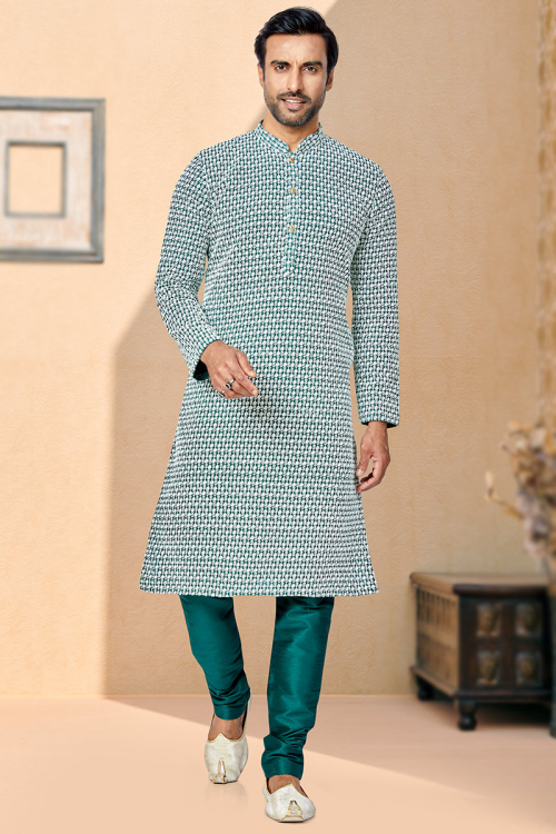 Georgette Teal Green Thread Embroidered Mehndi Men Kurta Pajama