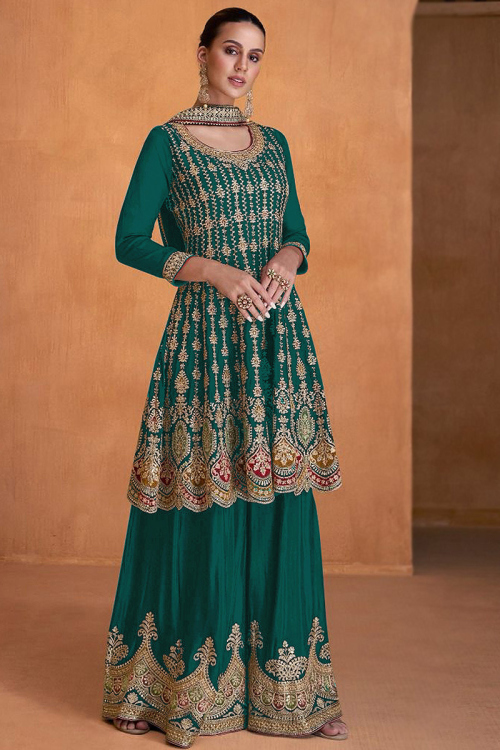 Teal Green Georgette Embroidered Sharara Suit 