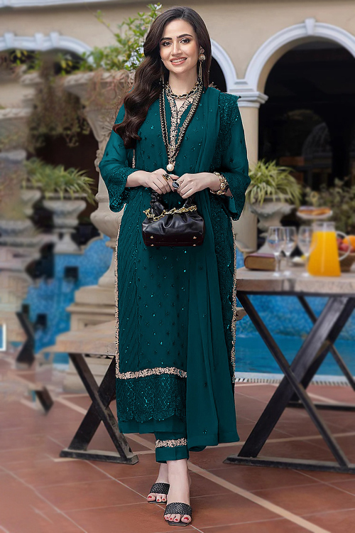 Teal Green Georgette Embroidered Trouser Suit For Mehndi 