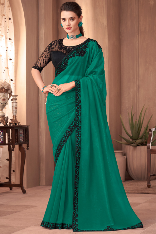 Teal Green Georgette Sequins Embroidered Saree