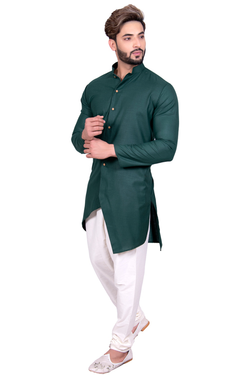 Teal Green Khadi Silk Asymmetric Kurta With Churidar for Wedding & Party