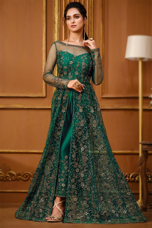 Wedding Exclusive Teal Green Net Front Slit Anarkali Suit